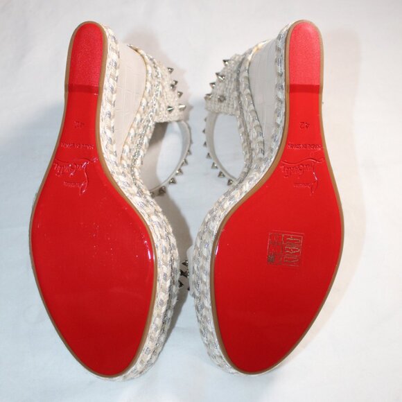 NWOB Christian Louboutin Pyraclou Spiked Wedge Ankle Strap Sandals 42 White Gray - Picture 8 of 8
